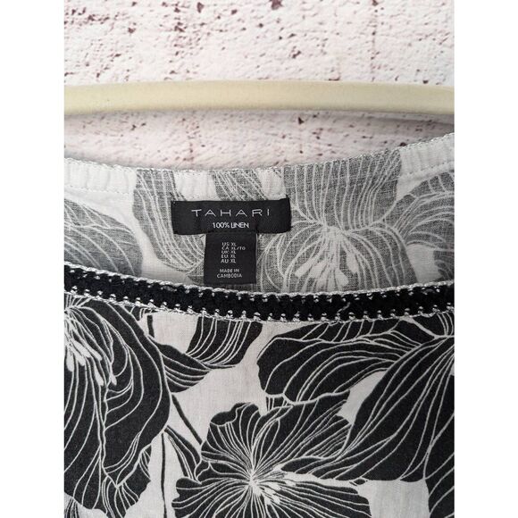 Tahari Black & White Floral 100% Linen Top Blouse with Balloon Sleeve Sz XL - Picture 2 of 10